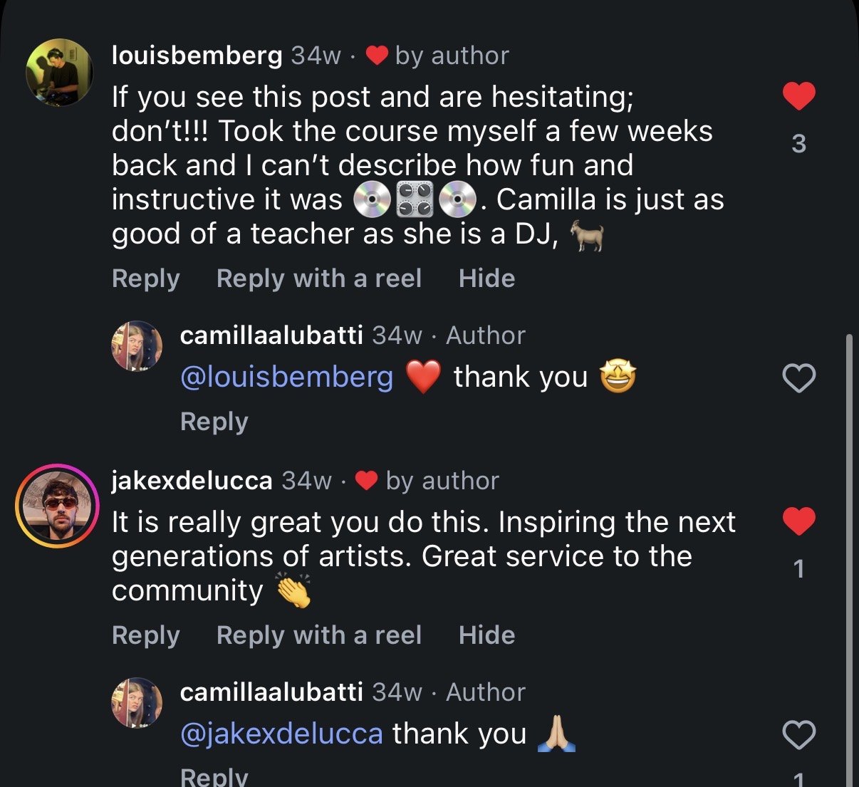 louisbemberg: If you see this post and are hesitating, do not! Took the course myself a few weeks back and I can not describe how fun and instructive it was. Camilla is just as good of a teacher as she is a DJ. jakexdelucca: It is really great you do this. Inspiring the next generations of artists.